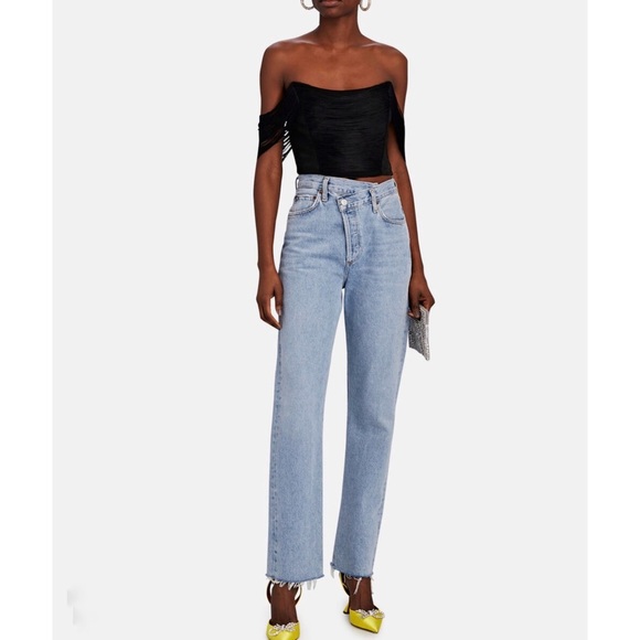 JONATHAN SIMKHAI Draped Fringed Crepe Bustier Black Off-Shoulder Top NEW - Picture 3 of 9